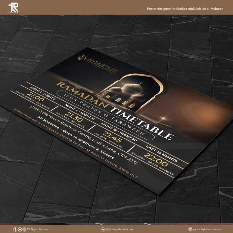 Ramadan Time Table Poster for Markaz Abdullah Ibn al-Mubarak - Project Image