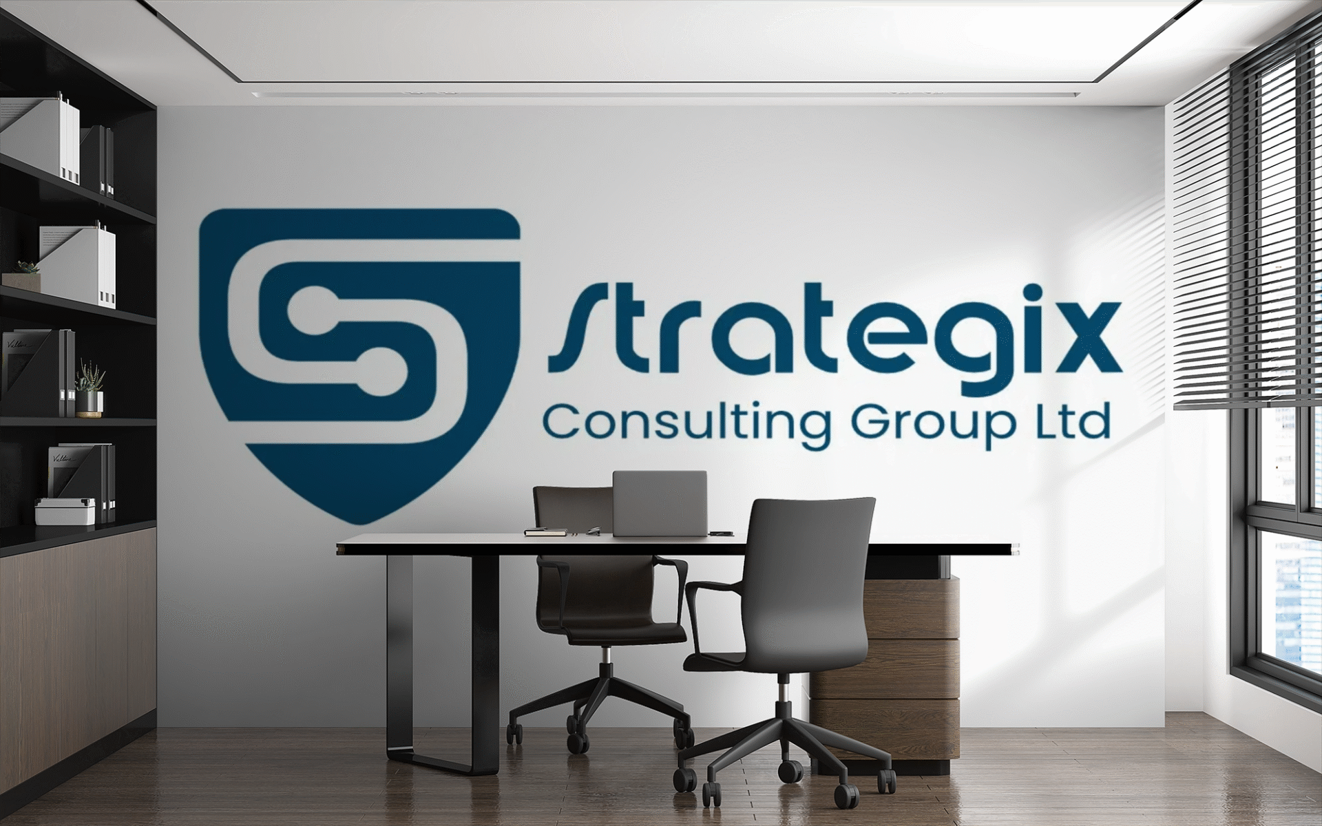 Strategix Consulting professional logo displayed in modern corporate office environment showcasing business branding excellence