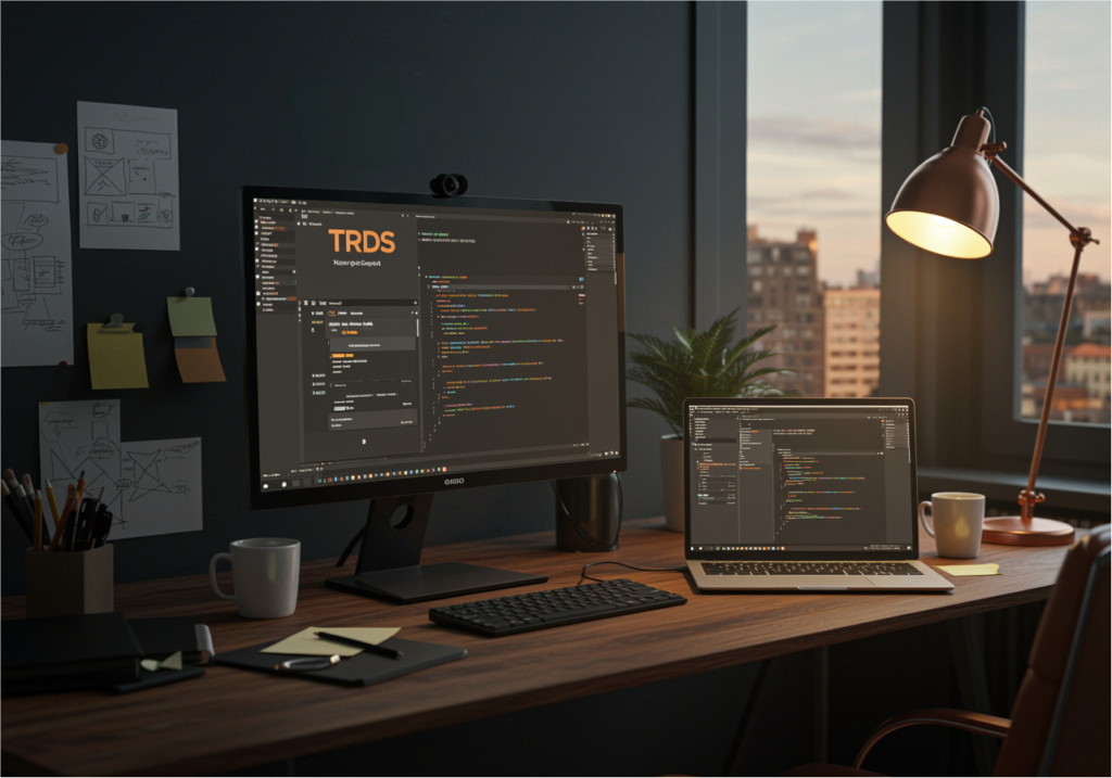 Professional website development workspace showing custom web development code and TR Digital Services branding