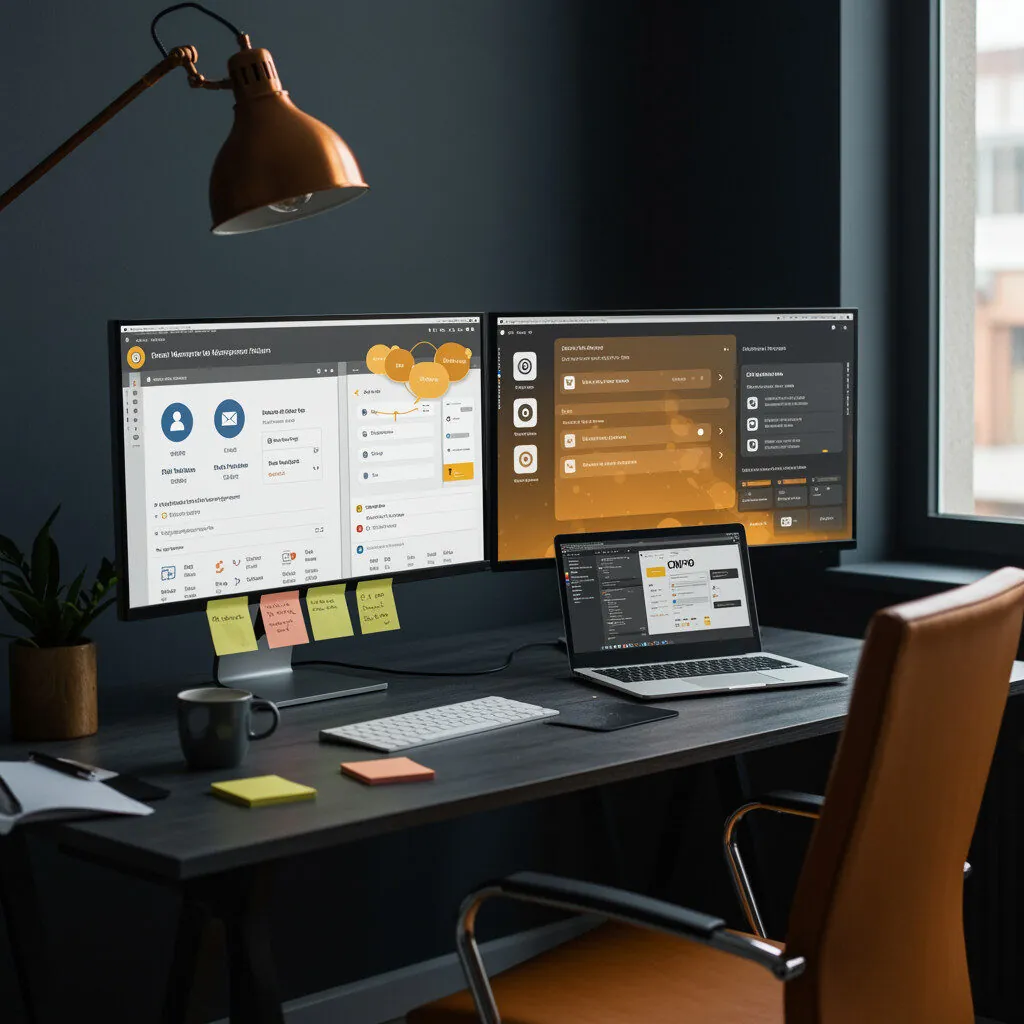 One screen displays an email organization platform with smart filters, automated response templates, and inbox