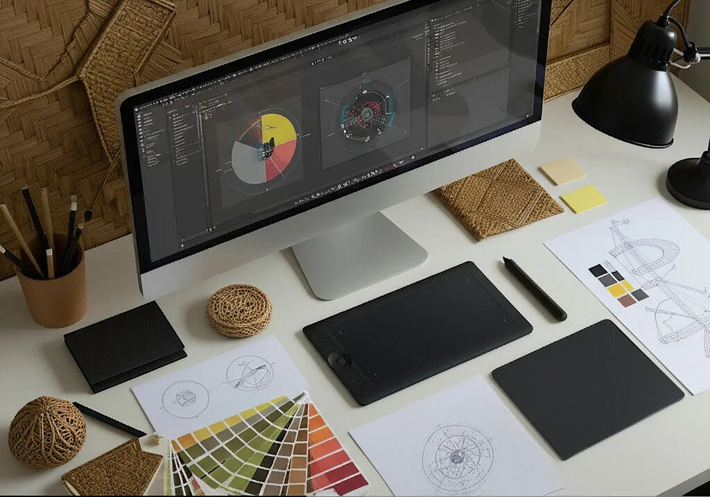 Graphics Design services - professional designer workspace with stylus, color palette, and creative artwork
