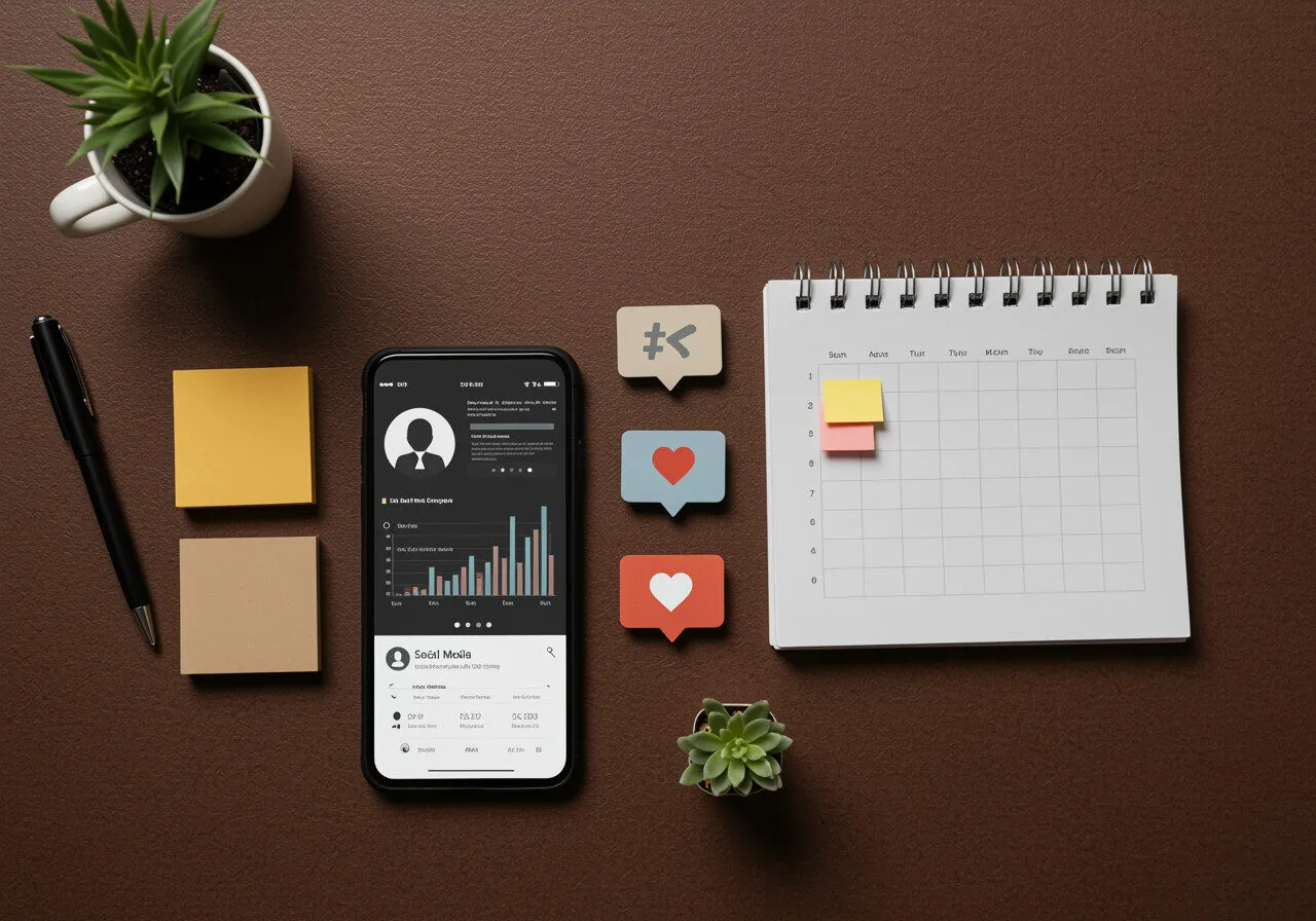 Professional social media management workspace showing content creation tools, analytics dashboards, and community engagement interfaces