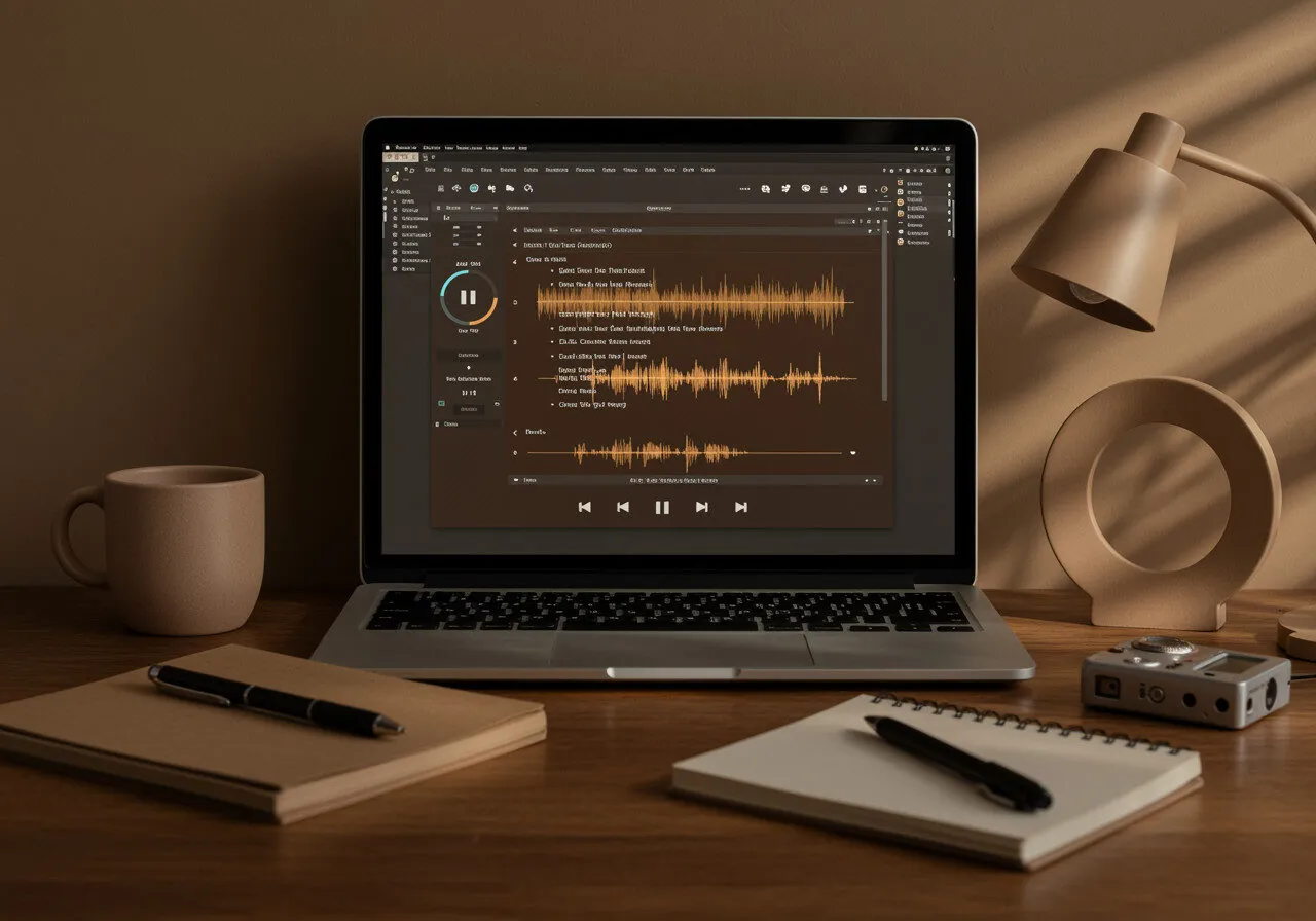 Professional transcription services workspace showing audio transcription software, quality control processes, and accurate text conversion