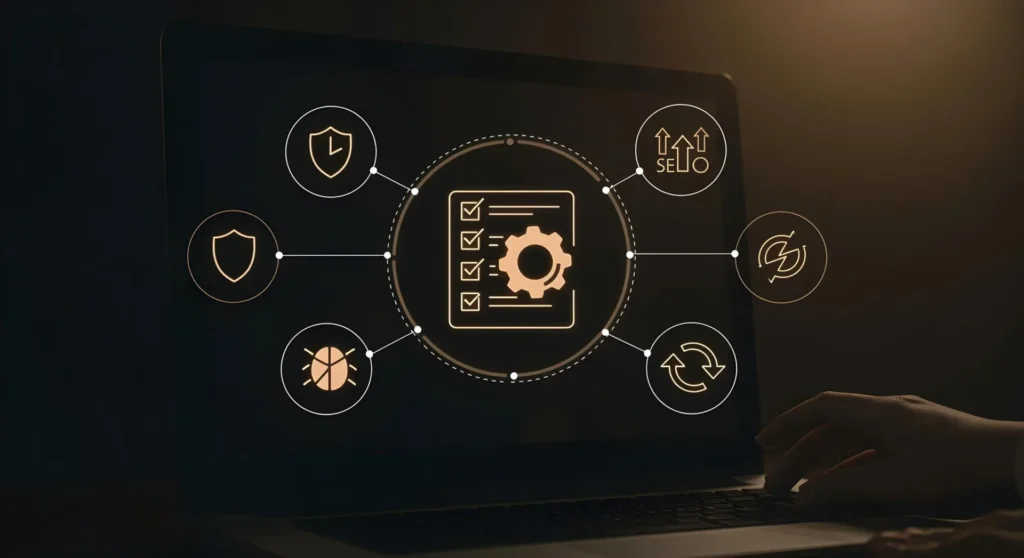 a desktop screen with a settings gear and che