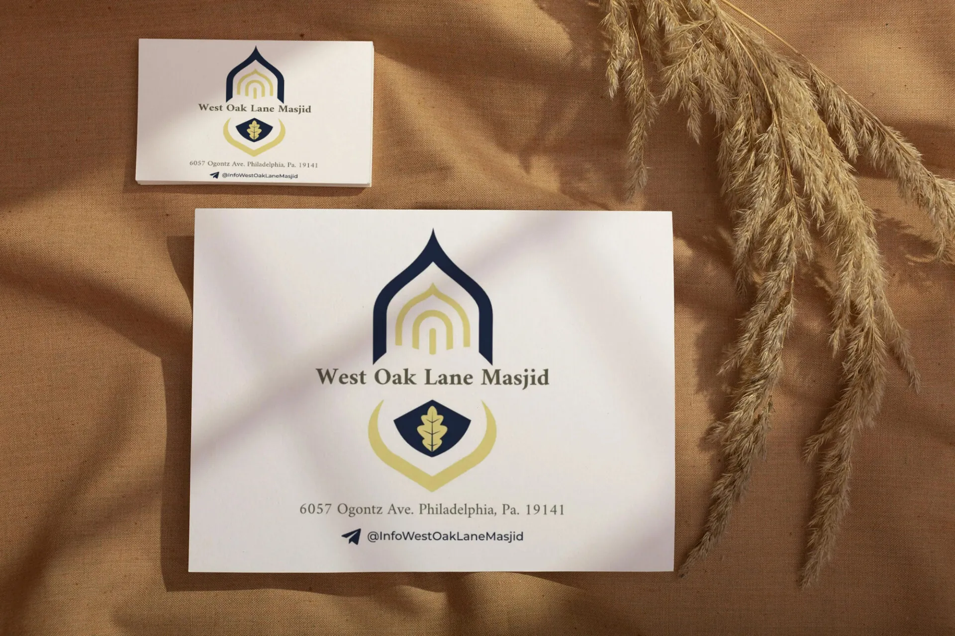 West Oak Lane Masjid logo on stationery mockup - Community branding