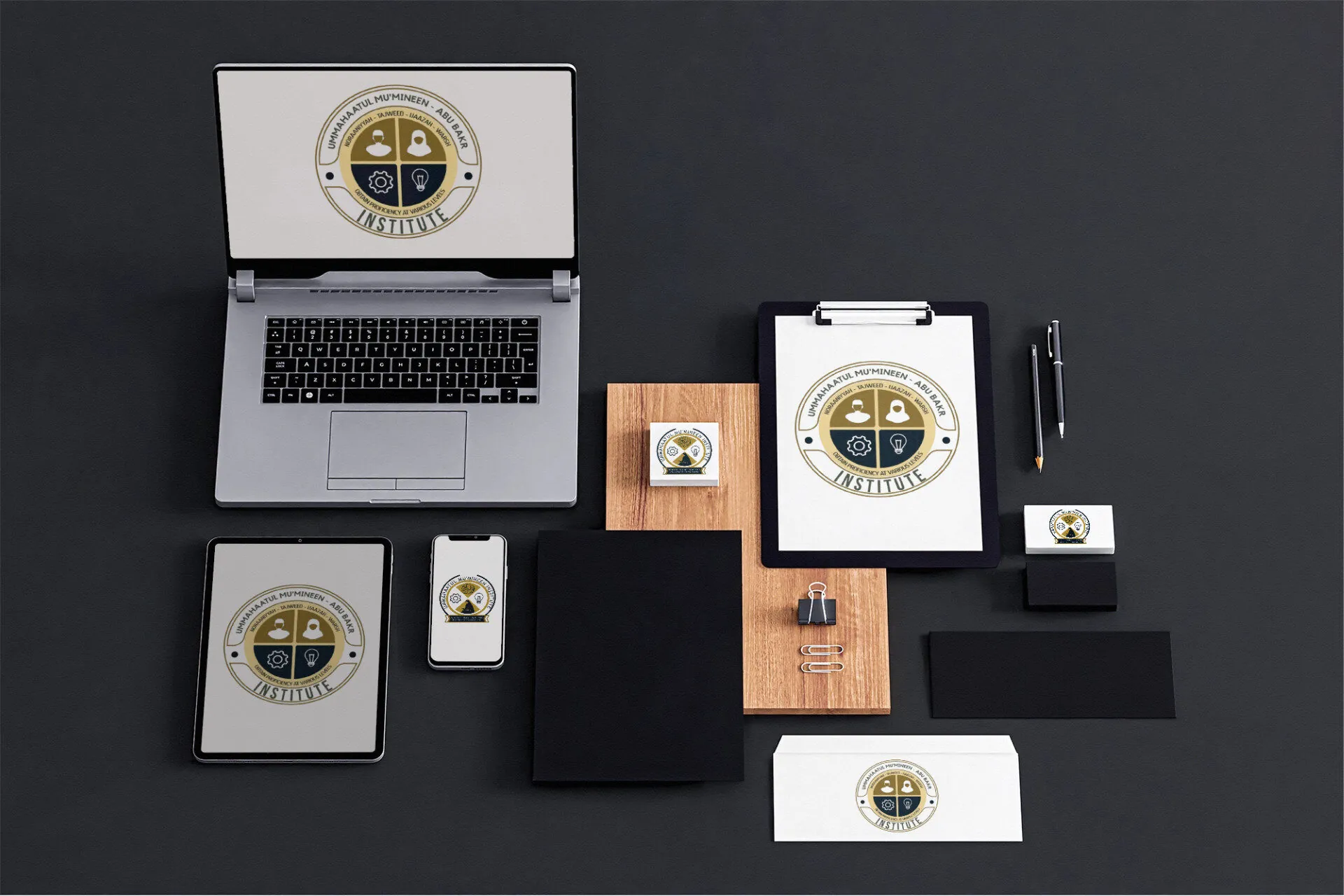 Realistic business stationery company mockup black white laptop phone tab