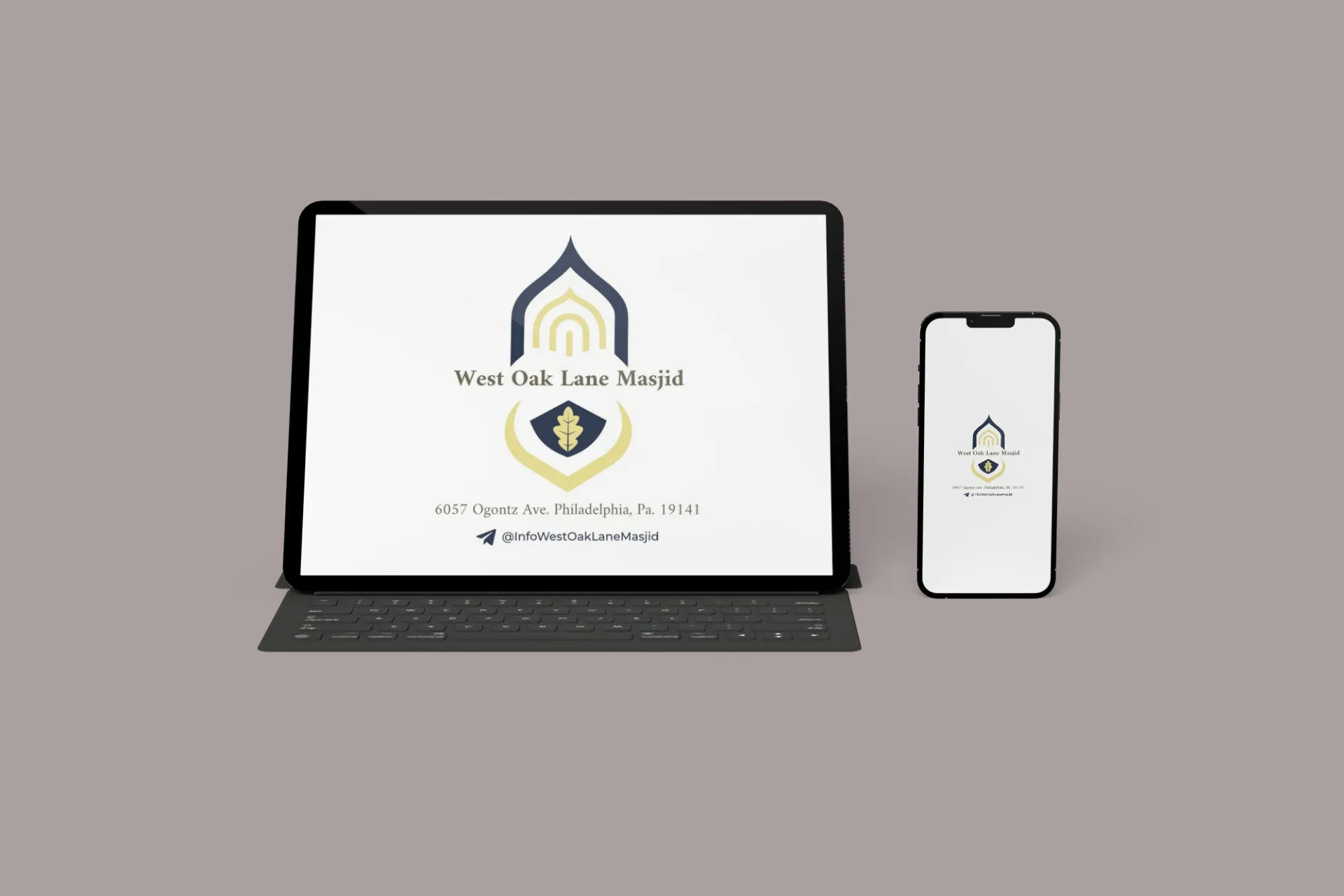 West Oak Lane Masjid logo on tablet mockup - Islamic branding by TR Digital Services