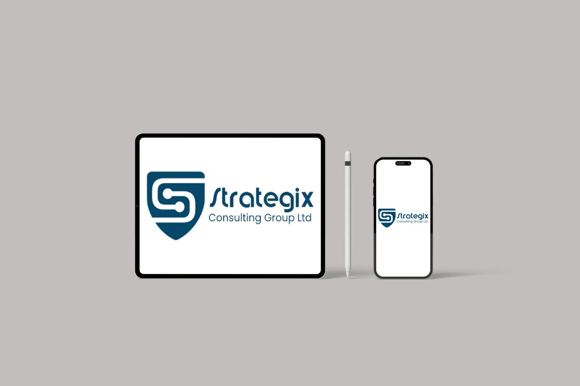 Strategix Consulting logo showcased on digital devices displaying responsive corporate design implementation