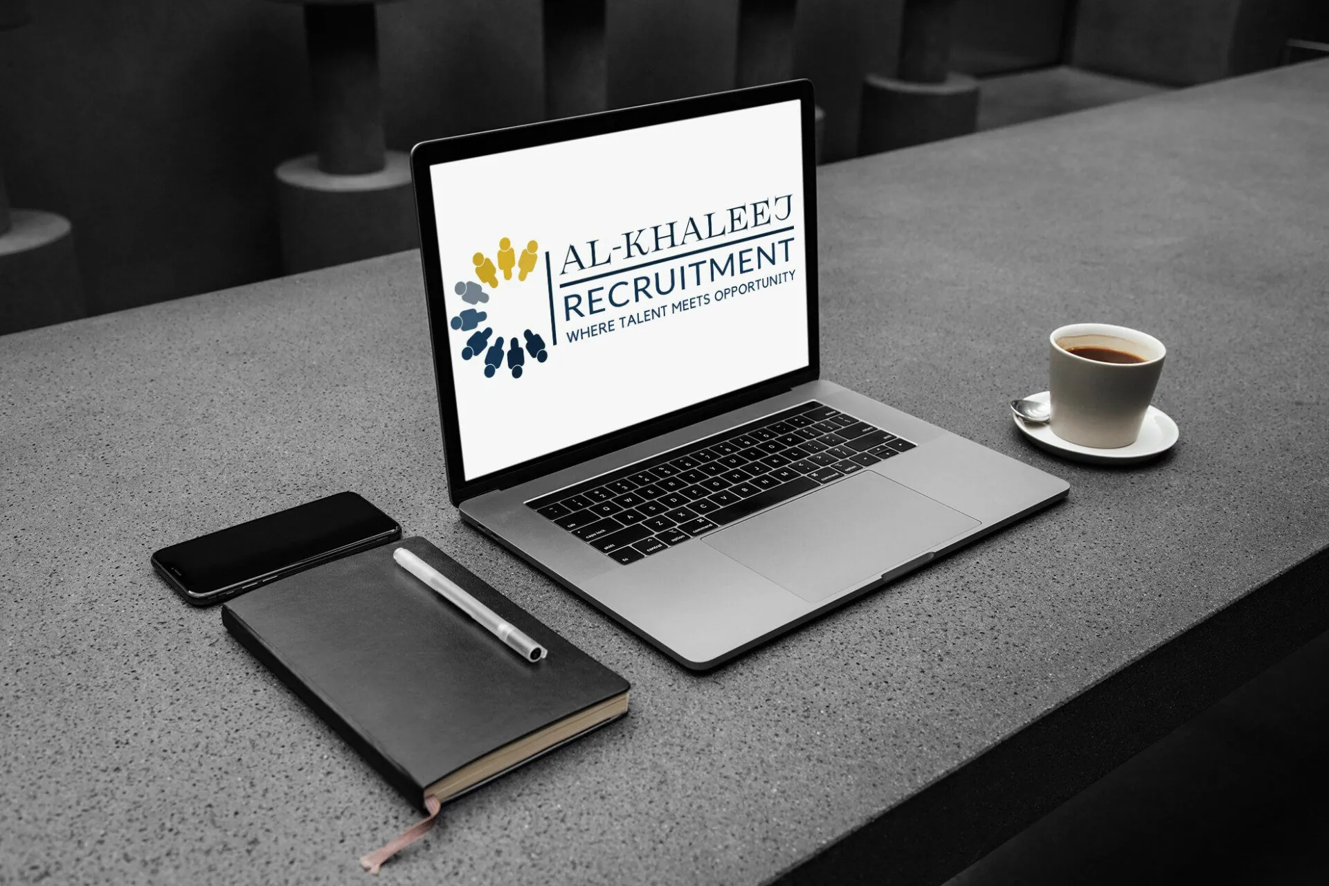 Al-Khaleej Recruitment brand identity displayed on digital screen showing professional logo design