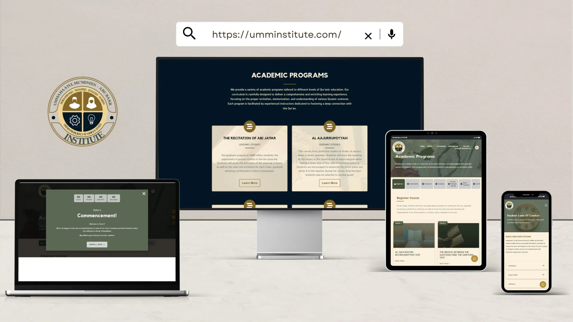 Ummaahatul Mumineen Institute Islamic academic programs responsive display showing educational course structure