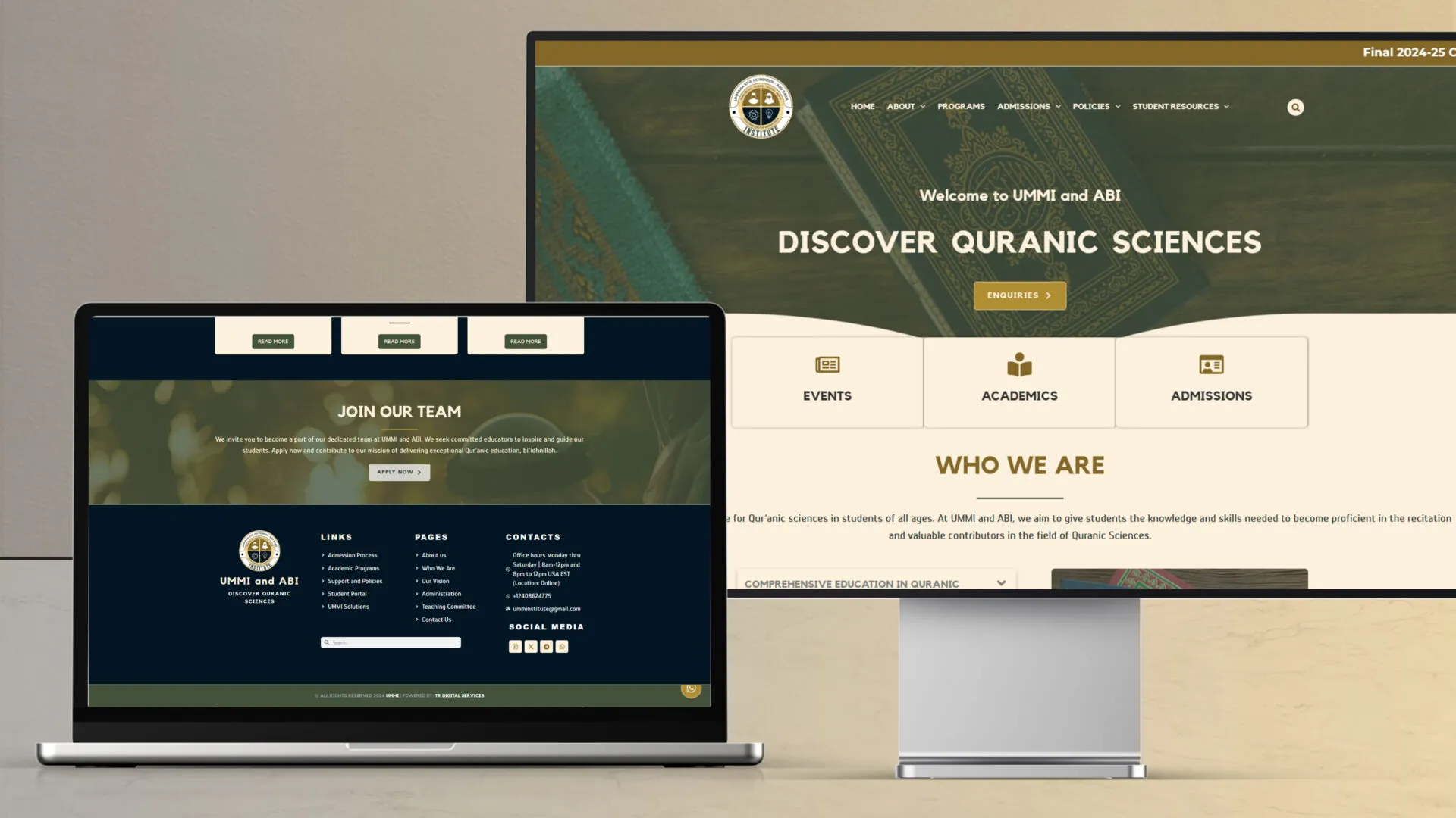 Ummaahatul Mumineen Institute homepage footer section displaying Islamic educational resources and contact information
