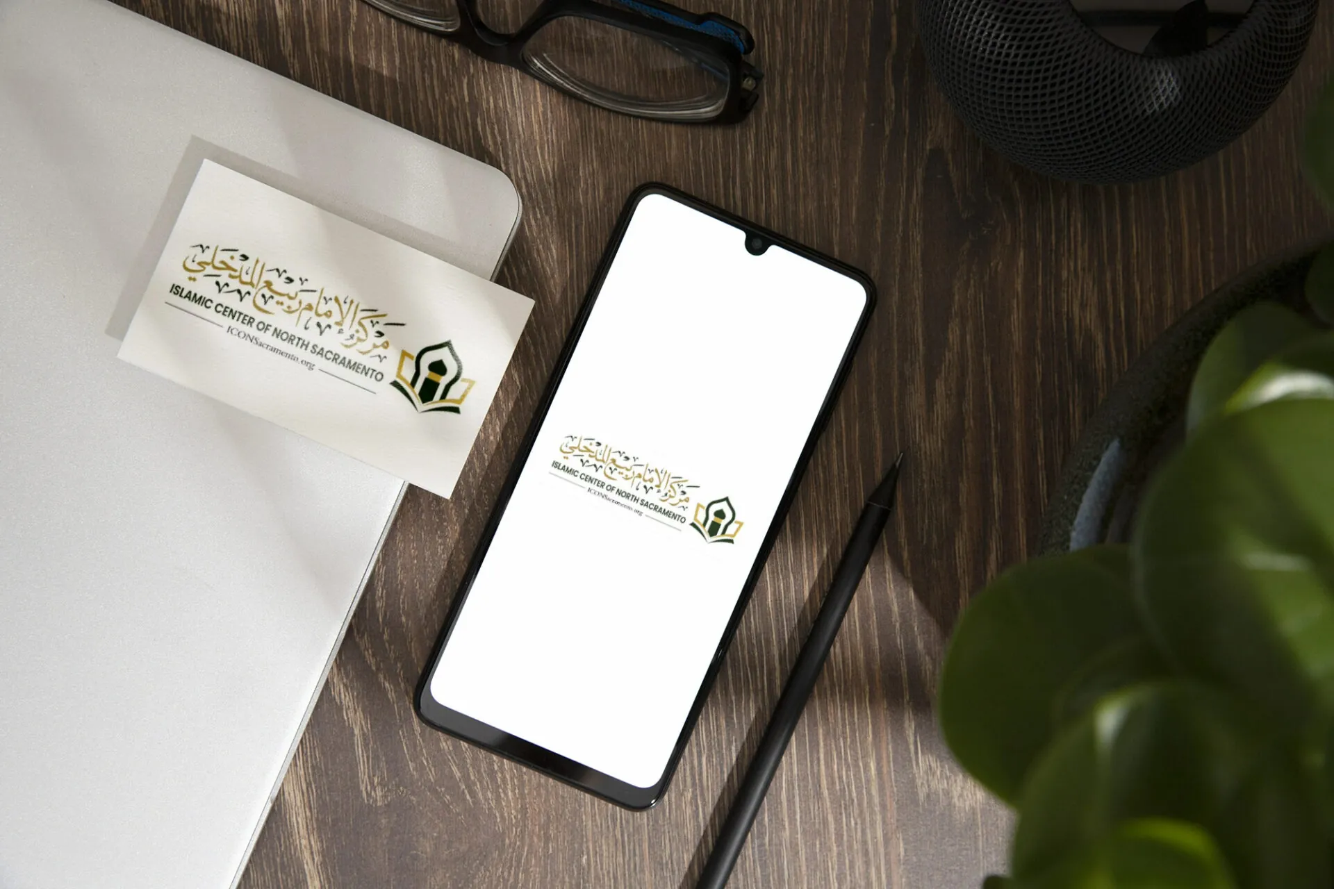 Smartphone device mock up on wood scene