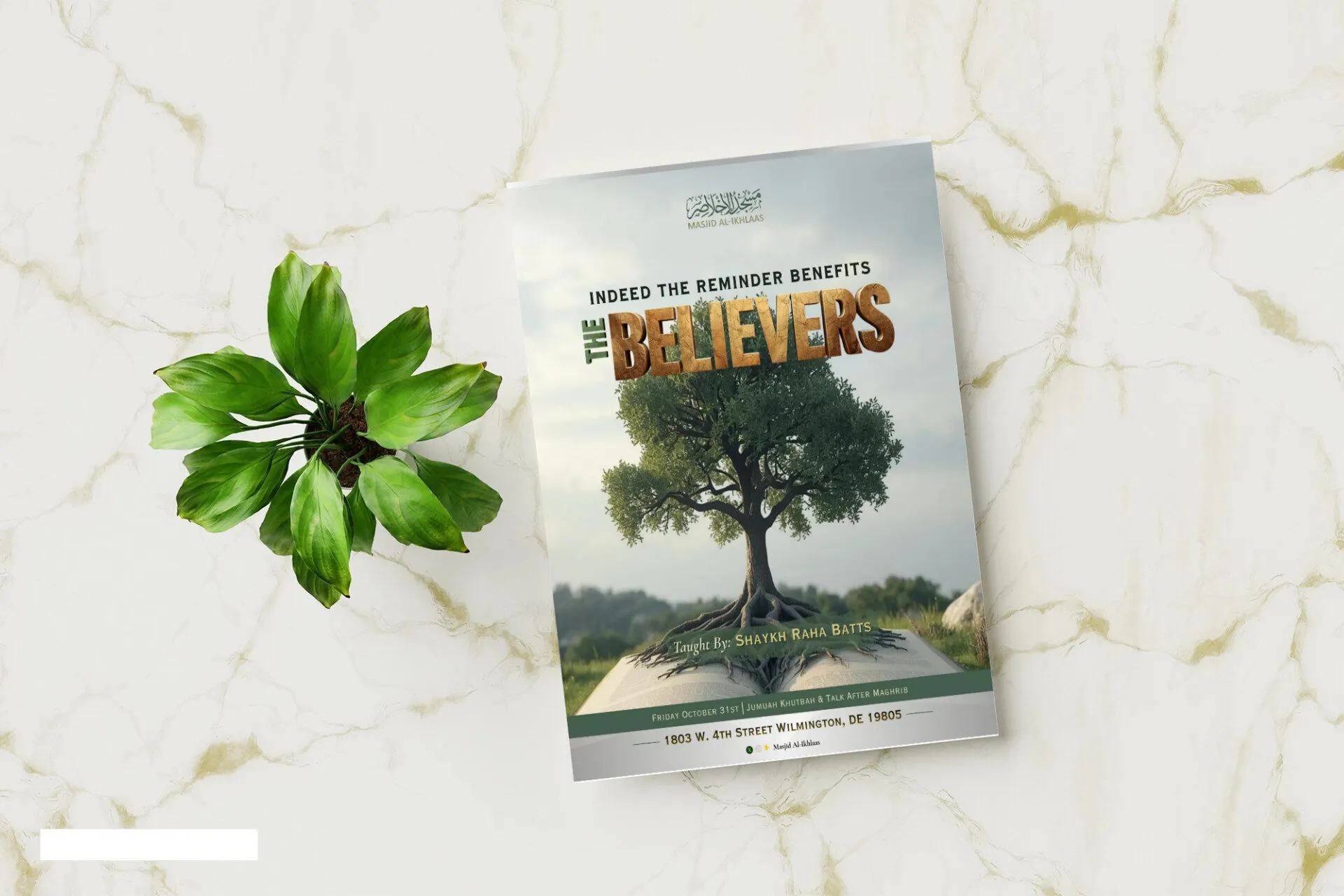 A4 flyer poster mockup in 3d render with green leaf and white ceramic floor tiles background