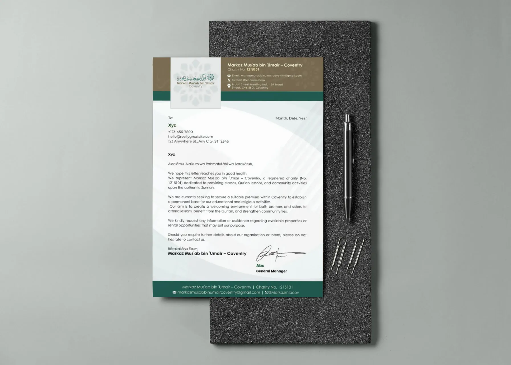 Islamic Letterhead Design for Markaz Mus’ab bin ‘Umair – Coventry 5 Paper stationery mock up with stone material